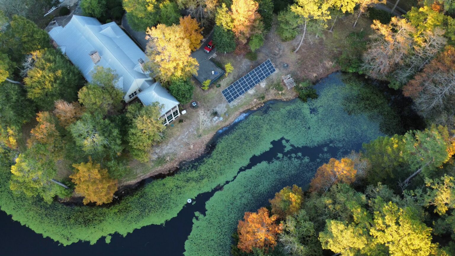 Aerial view of a roofio solar installation on a Texas home