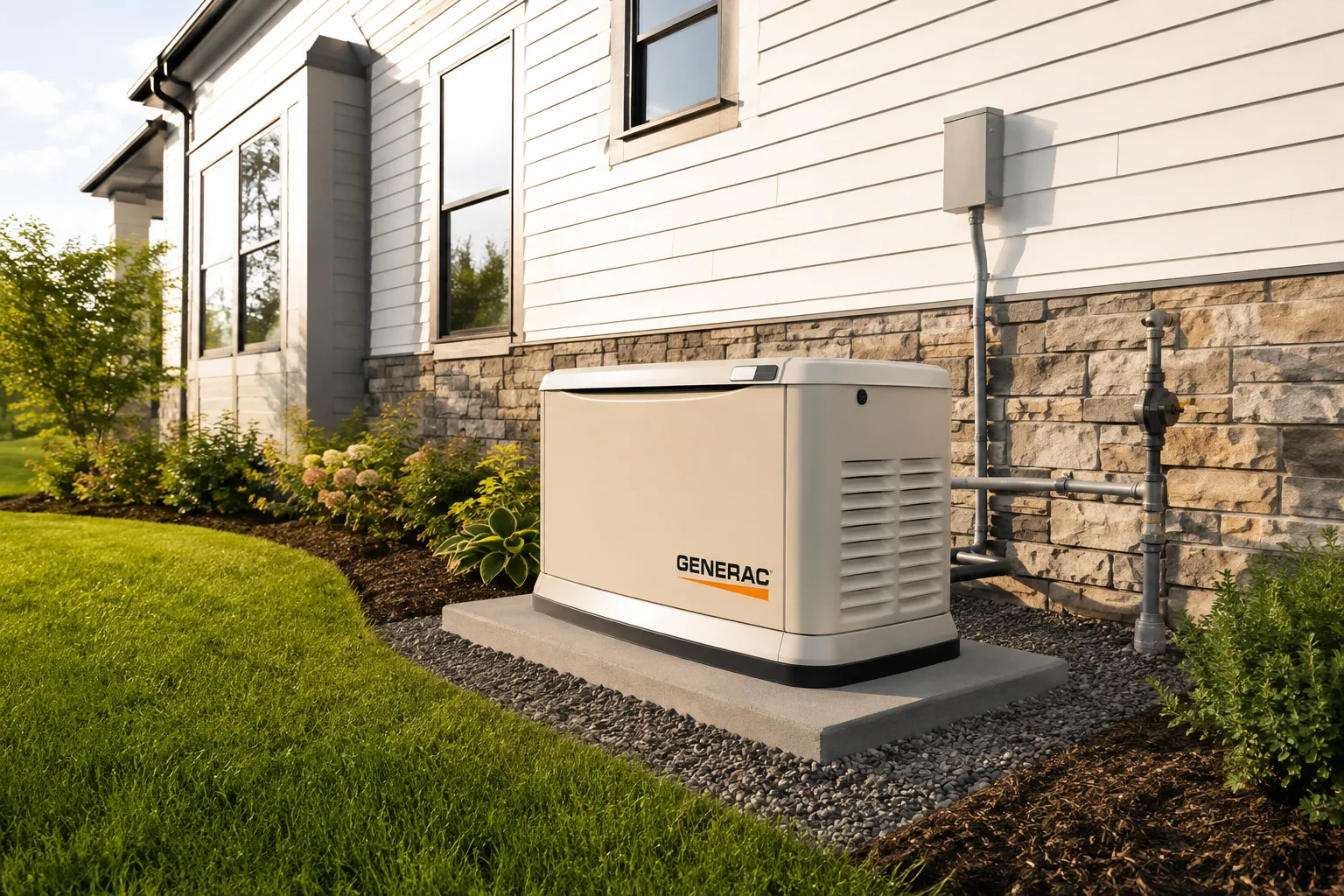 Standby generator installed on a concrete pad beside a home, shown as a general illustration of a whole-home standby setup