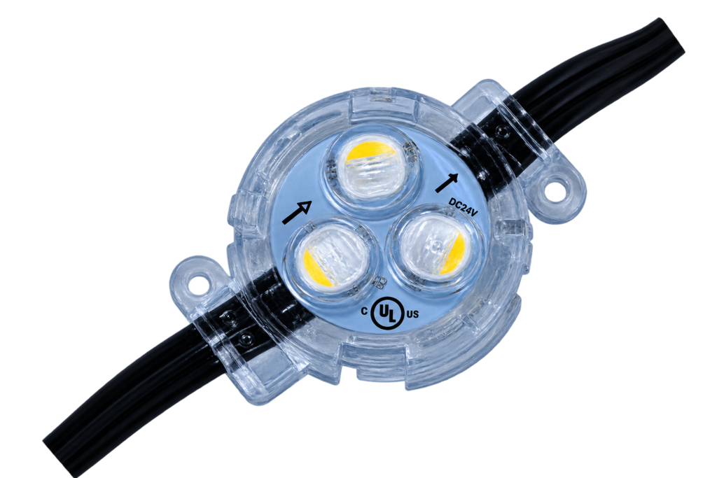24V RGBW point light with three 5050 emitters in a clear IP68 housing with mounting ears
