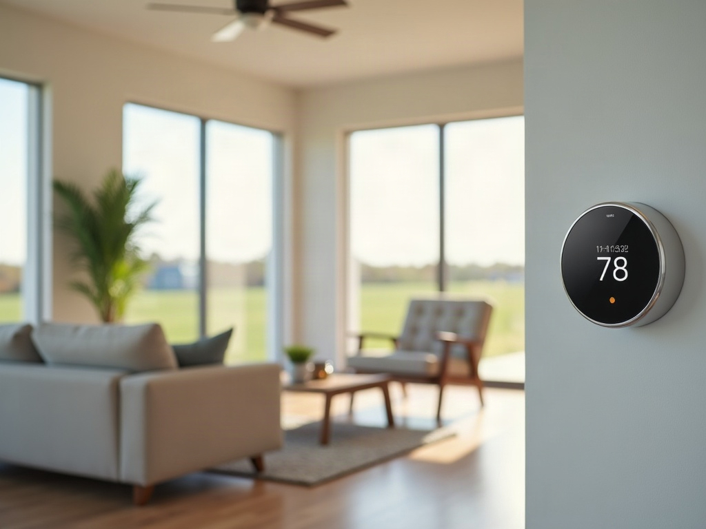 A bright, comfortable Texas living room with large windows and a wall-mounted thermostat