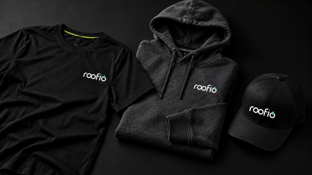 Black roofio tee, hoodie and cap arranged in a flat lay