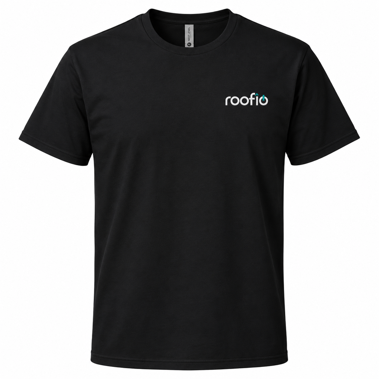 Black Roofio Next Level 6210 tee with a small Roofio logo on the left chest