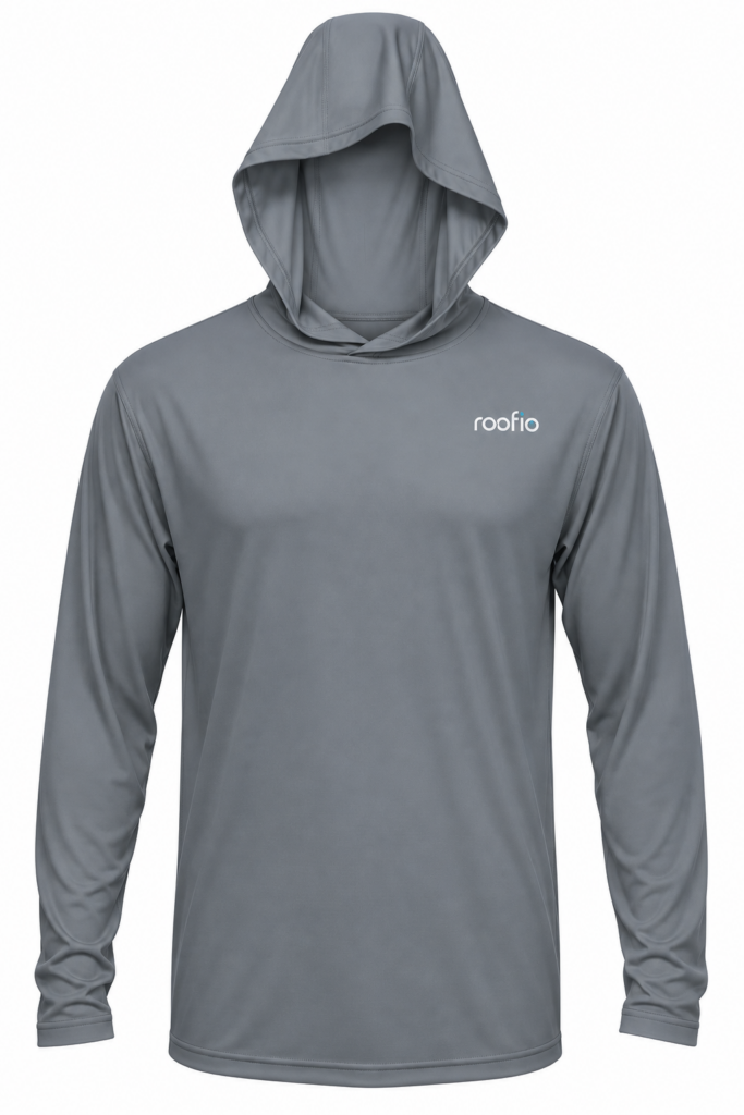 Gray Roofio BAW XT106 long-sleeve hooded shirt with a small Roofio logo on the left chest